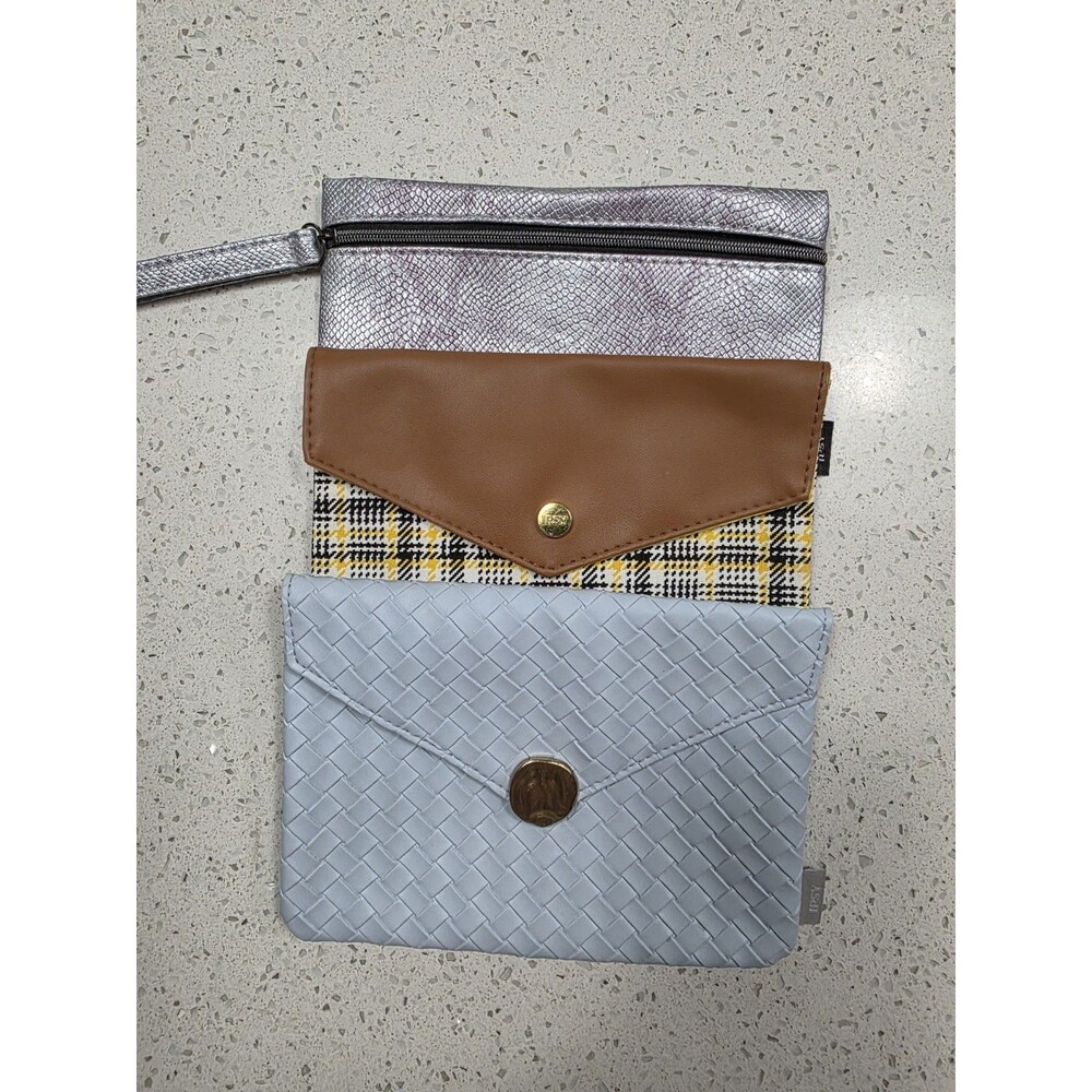 Set of 3 Ipsy Glamour Bags Faux snakeskin, yellow/black plaid, blue faux leather